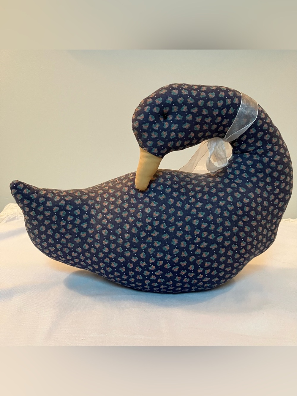 VTG Stuffed Goose Fabric Ditsy Floral Blue Door Stopper Cottagecore Farmhouse